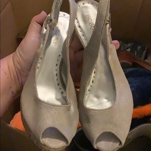 BCBG girls champagne and cork heels